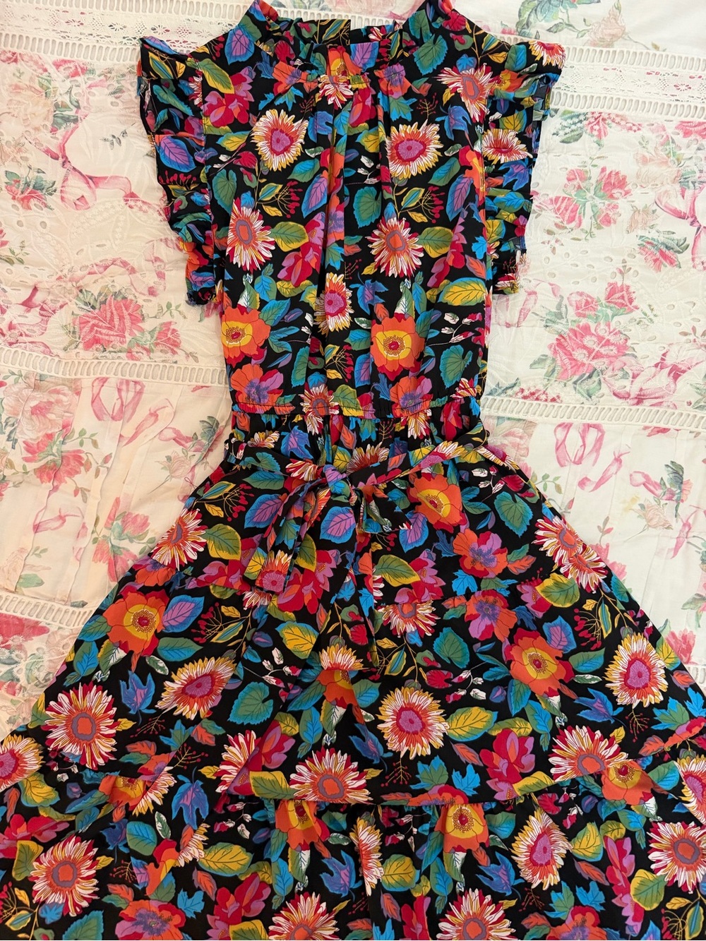 JODIFL Black Floral Tie-Waist Mini Dress with Multicolor Blooms